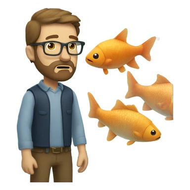 Caucasian man with brown hair and beard wearing glasses looking at big fish tank sticker
