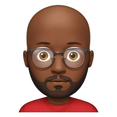 bearded black bald man with eyeglasses with red shirt sticker