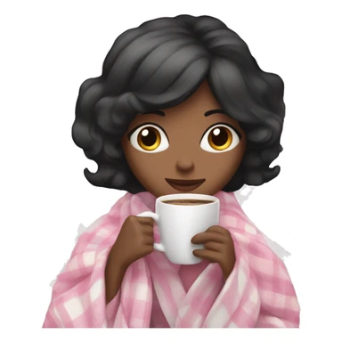 A cute black hair woman wrapped in pastel pink plaid blanket drinking coffee sticker
