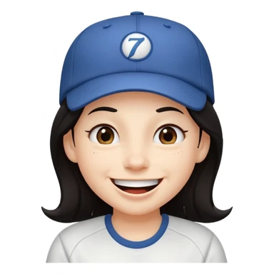 Digital illustration of a cartoon character with a big smile on its face and whinking. The character has long dark hair and is wearing a white baseball cap and casual clothes. The overall style of the illustration is cute and playful. sticker