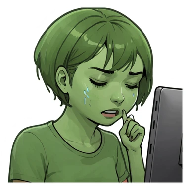 girl with short hair using pc and crying sticker