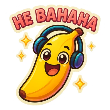 Funny cartoon banana, big happy smiling face, wearing tiny headphones, wide excited eyes, tiny sparkles around, text above: "НЕ БАНАНА ", chibi style, Twitch emoji style, colorful, transparent background sticker