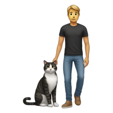 man holding mobile and cat is near to leg sticker