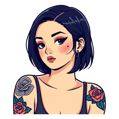 black haired girl with tattoos and makeup sticker