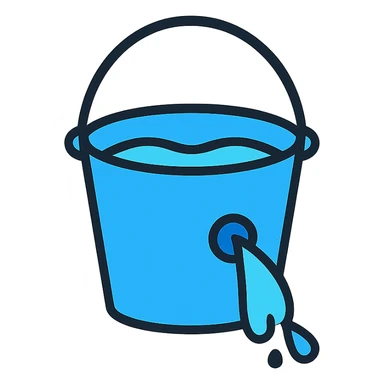 blue bucket of water with a hole in the side, water pouring out, color outline icon style sticker