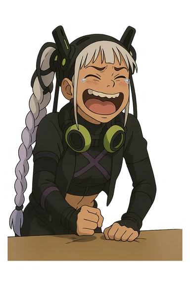 1 female, single long white braid with lavender tips. Cybergoth futurepunk, crying from laughter, pounding her fist on a table, “wheeze emoji” facial expression, hilarious  sticker