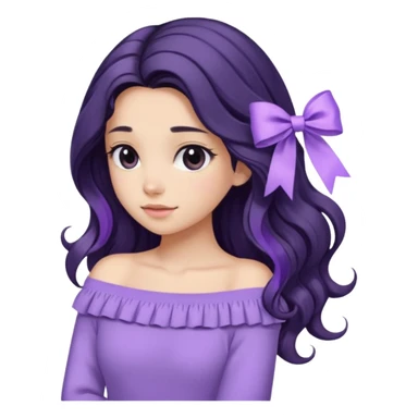 Girl with black wavy long hair and a ribbon hair clip beside it make it look like wearing a lavender off shoulder sweater make its hair stay in the back sticker