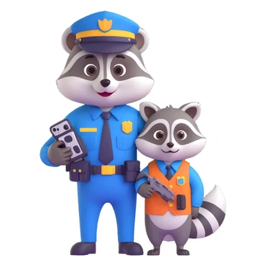 Add a mischievous pet raccoon next to the large, goofy federal agent in 3D cartoon style with transparent background. sticker