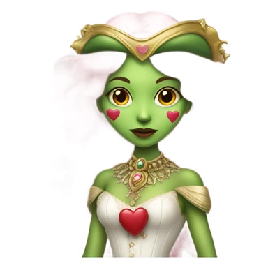 a green amazon alien woman in Victorian white gold, pink hair full body,holdig red big hearth sticker