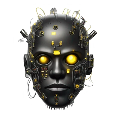 black metal cyborg head with circuitry, one artificial eyeball, and yellow Mohawk goatee sticker