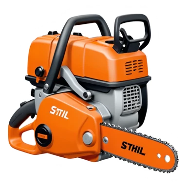 Kettensäge vom STIHL mit grauem Gehäuse, orangenem Deckel und schwarzen Griffen, die Schiene ist Grau mit Kette, seitlich ist das STIHL Logo in weißer Schrift in einem orangenem Kreis platziert sticker