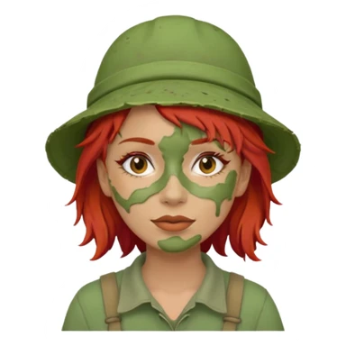 messy green full face clay mask and tourist hat red hair  sticker