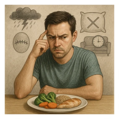 Realistic style illustration of a thoughtful 30-year-old man sitting at a table, looking suspiciously at a plate of vegetables, brown rice, and chicken. Behind him, transparent symbolic elements: a storm above the head representing stress, a sewn mouth representing repressed emotions, a pillow with an X representing insomnia, and a sofa with a clock representing sedentariness. Neutral atmosphere, realistic and symbolic style. sticker