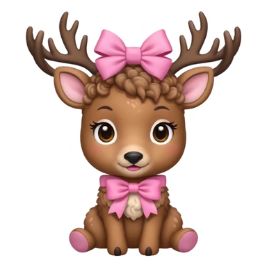 cute deer with curly fur, sitting down, wearing a bow on its head. sticker