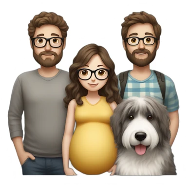 Hyperrealist pregnant girl with half long brown hair with glasses, a boy with long beard, glasses and short hair and english sheepdog sticker