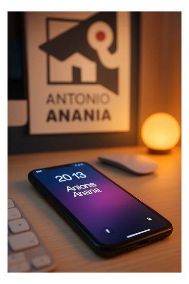 A photo of an iPhone on the desk with the message "Antonio Anania" on its screen, The phone sits atop a desk with a blurred with the logo in the background that suggests work environment. A faint glow from above casts gentle shadows across the surface of each object, creating depth and highlighting their textures sticker