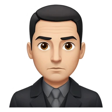 Robust athletic man in his 40s with light brown skin tone, short slicked back straight black hair with fade haircut, strong square face, thick eyebrows, wide nose, black overcoat with buttoned gray shirt visible underneath sticker