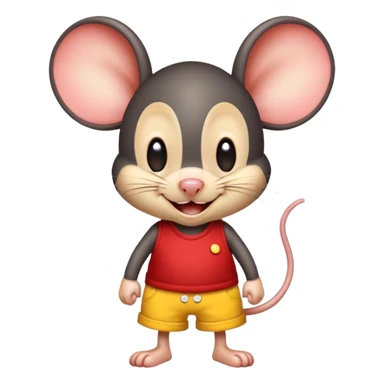 Mouse with big ears red shorts with yellow buttons and a giant smile on its face, black mouse preferably child size with a wink sticker