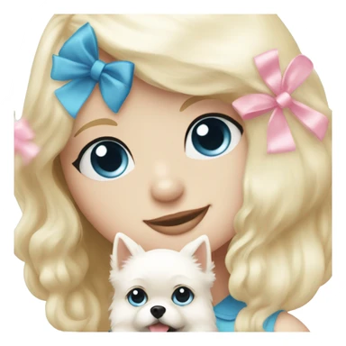 Blond girl white skin blue eyes hugging white Pomeranian with light pink bow sticker