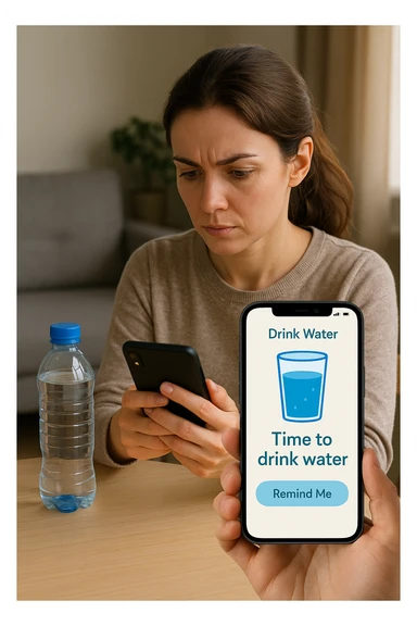 Donna che usa App per ricordarsi di bere, altrimenti non beve mai sticker