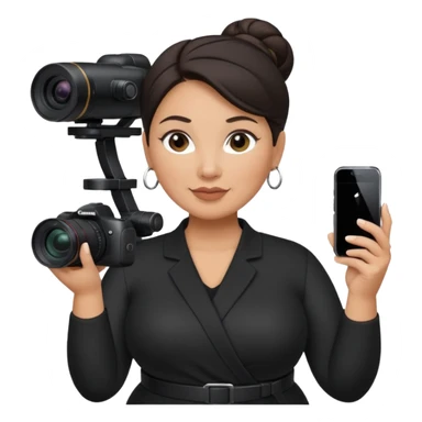 middle aged, latina plump woman photographer with dark hair, slicked back in a bun, wearing black clothes, carrying a canon r5, and an iPhone on a gimbal sticker