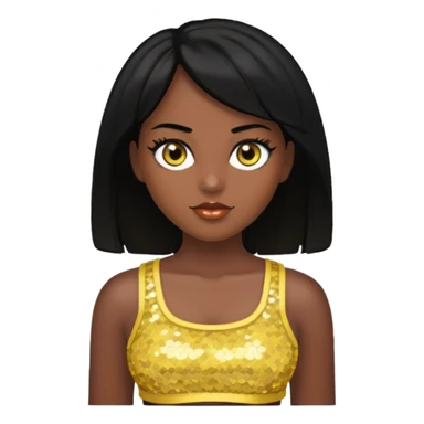 Christie from Barbie & Friends with brown eyes, black hair, yellow sequin crop top, dark skin sticker