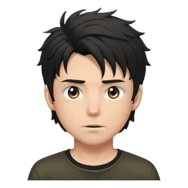 White male, black messy anime hair in his eyes, black shirt, black hunter eyes, hot  sticker