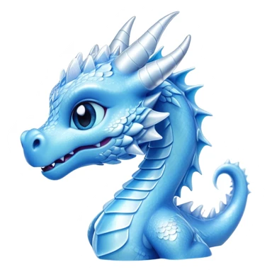 Cinematic Cute Beautiful Ice Dragon Portrait Emoji, Head tilted playfully and inquisitively, featuring a sleek, glacial form with intricately detailed, frost-kissed scales in shimmering blues and sparkling silver, accented by delicate ice crystal patterns and a gentle, enchanting glow; rendered with lifelike clarity and soft, natural light, high shine, charming and cool, styled with a touch of wintry fantasy, soft glowing outline, capturing the essence of a mischievous yet endearing ice guardian poised to twirl playfully into your dreams! sticker