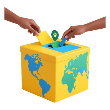 3D illustration of two hands gently placing a simplified Earth with green continents and blue oceans into a warm yellow ballot box, playful style, bold lines, soft textures sticker
