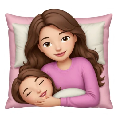 girl with wavy long brown hair, brown eyes, light to medium complexion, long lashes, light pink lipstick, smiling, wearing light pink shirt, sleeping on a cozy pillow sticker