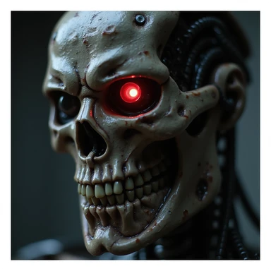 Terminator close-up, realistic, red glowing eye, damaged skin revealing endoskeleton, inspired by the 'I'll be back' scene sticker