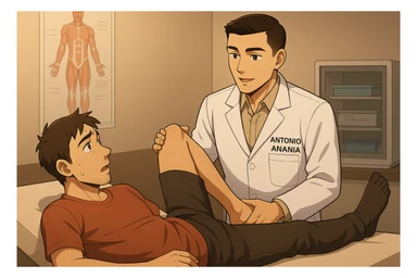 fai un webtoon manga a colori con questo stile, in cui un uomo è steso sul lettino medico e il kinesiologo con il camice bianco (fagli anche la scritta "ANTONIO ANANIA" SUL CAMICE, gli solleva una gamba per fargli il test neuromuscolare, IL KINESIOLOGO SPIEGA ALL'UOMO UNA cosa mentre gli alza la gamba. non fare i fumetti però, fai solo in modo che sembri stiano parlando sticker