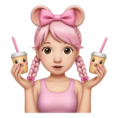 Emoji with long nails, stanly cup, two pig tail hairstyle with pink bows in both pig tails sticker