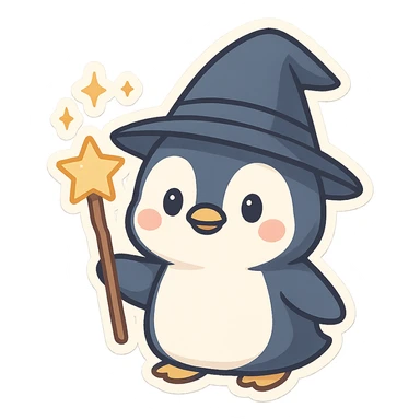 cute and whimsical penguin dressed as a wizard, wearing a pointed hat and holding a magic staff, magical sparkles around sticker