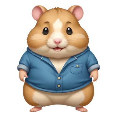 Cute chubby cartoon-style hamster wearing XXL pants that are WAY too big, proud and smiling expression. Painterly shading, white background, sticker-style illustration sticker