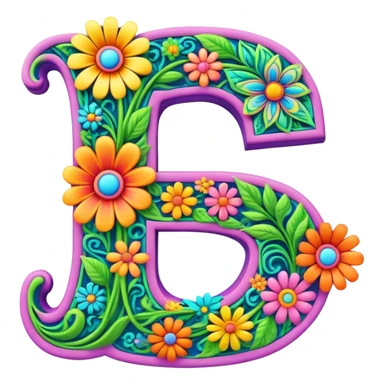3D, gothic style psychedelic colored Letter S with hippie style flower border sticker