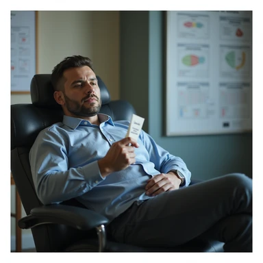 hyperrealistic 4K image of a man in his 30s slumped in chair in urologist's office, semen analysis with 'azoospermia' in hand, devastated and hopeless, fertility charts on wall, clinical environment sticker