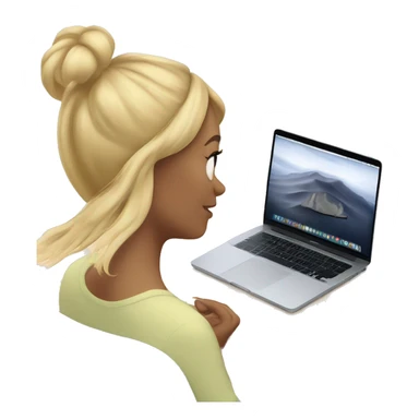 A blonde girl wearing airpods max and looking at a macbook sticker