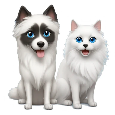 One white Japanese spitz with black eyes and one small grey ragdoll cat with blue eyes  sticker