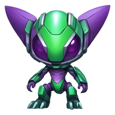 a chibi-style purple-green Genesect-Raptor-Fakémon—hybrid with a futuristic visor-helmet full body sticker