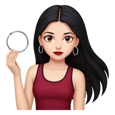 a pretty bratz fair girl with long black hair, kajal under eyes, small silver hoop. Dark cherry red tank top on.  sticker