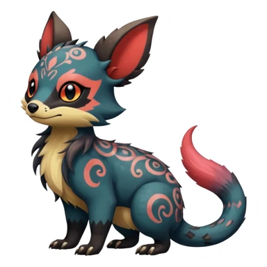 Rare warm-colored exotic cute epic aesthetic gothic colorful Salandit-Eevee-Civet-species-Fakemon-hybrid-creature, with intricate tattoo markings, full body sticker