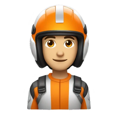 Un jeune homme au teint humain portant un casque de moto de couleur orange et blanc avec la vitre ouverte sticker