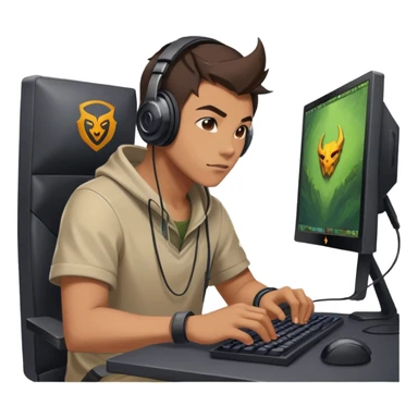 gamer with headphones playing Dota 2, focused on computer screen sticker