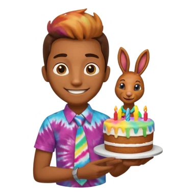 Kokopelli in a tie dye shirt carrying a birthday cake sticker