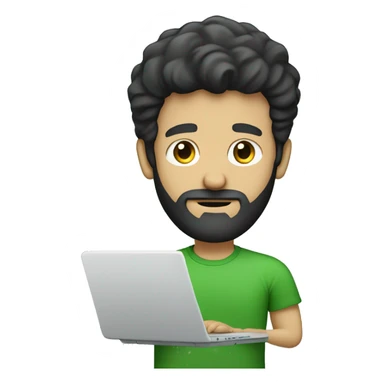 white guy with beard black hair thin face typing in laptop wearing green t-shirt sticker