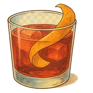 ghibli style negroni cocktail glass with orange peel sticker