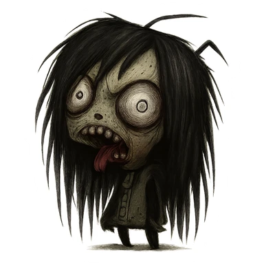 GIR as a zombie with long black hair, emo style, shaggy and dark, creepy expression sticker