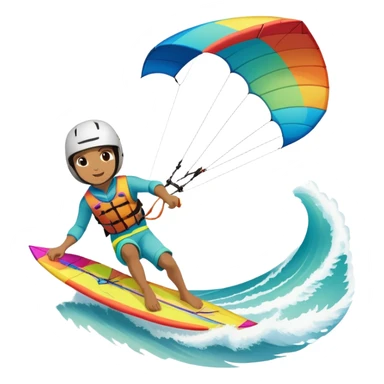 A vibrant kite soaring high in the sky, attached to a kiteboarder riding the waves below. The scene is filled with bright colors, capturing the energy of the sport. The background features the ocean, wind-blown waves, and a clear sky, showcasing the excitement and freedom of kiting. sticker