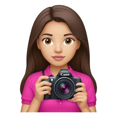 latin girl photographer with long brunette hair hot pink polo shirt and Canon camera sticker